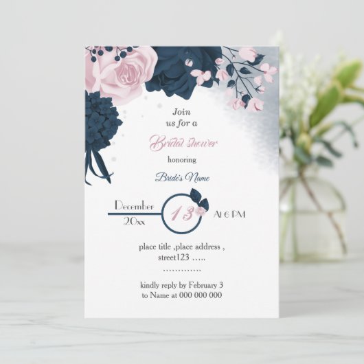 elegante Marine & rosa Blume Brautparty Einladung (Stehend Vorderseite)