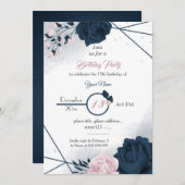 elegante Marine & Rosa Blume Geburtstag Einladung (Vorne/Hinten)