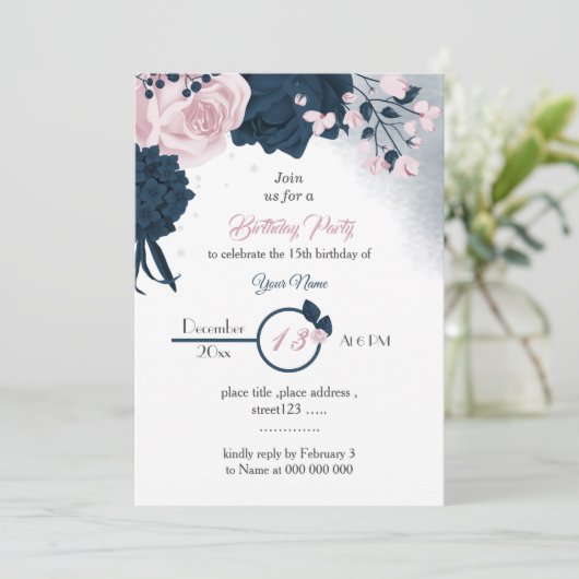 elegante Marine & Rosa Blume Geburtstag Einladung (Stehend Vorderseite)