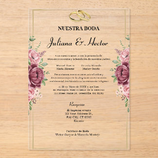 Elegante marine-rote und goldene florale Hochzeit Acryleinladungen