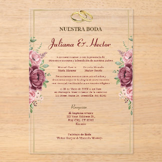 Elegante marine-rote und goldene florale Hochzeit Acryleinladungen