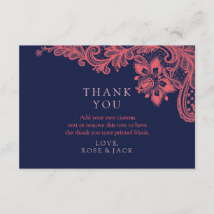 Elegante Marine u. Korallen-Spitze-Hochzeit danken Dankeskarte
