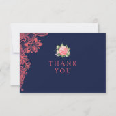 Elegante Marine u. Korallen-Spitze-Hochzeit danken Dankeskarte (Rückseite)