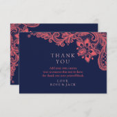 Elegante Marine u. Korallen-Spitze-Hochzeit danken Dankeskarte (Vorne/Hinten)