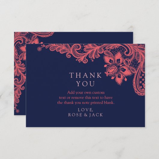 Elegante Marine u. Korallen-Spitze-Hochzeit danken Dankeskarte (Vorne/Hinten)