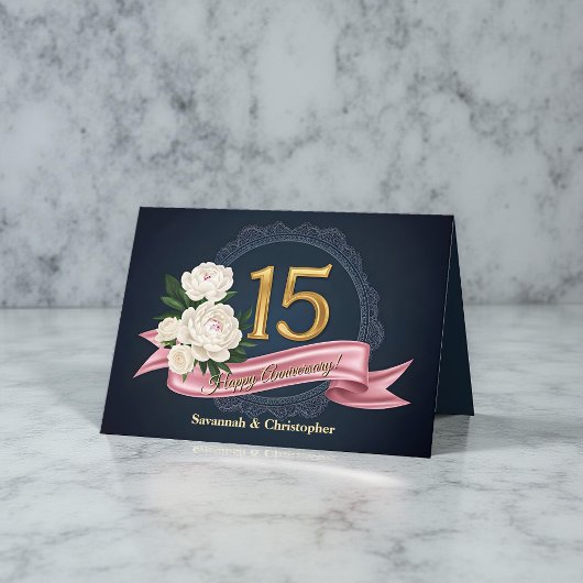 Elegante Marine und Gold 15. Hochzeitstag Karte