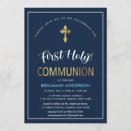 Elegante Marine und Gold Erste Heilige Gemeinschaf Einladung