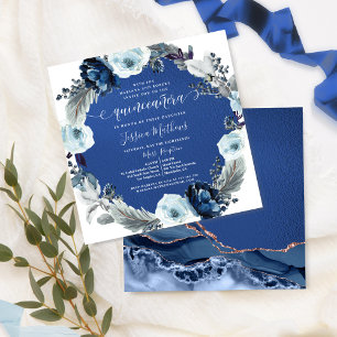 Elegante Marine und Royal Blue Quinceñera, Blumen Einladung