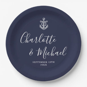 Elegante marineblaue Anker-nautische Hochzeit Pappteller
