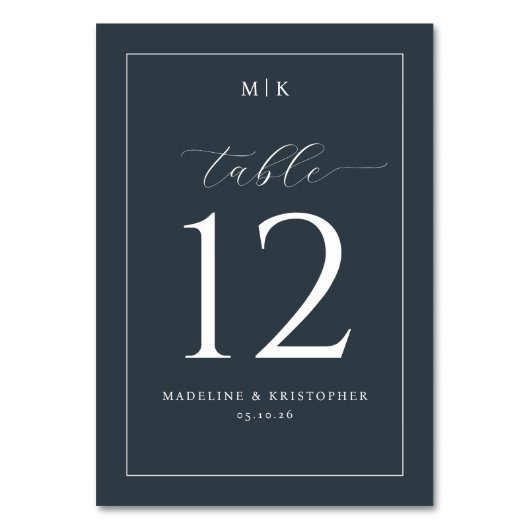 Elegante marineblaue typografische Tischnummer (Vorderseite)