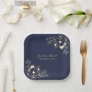 Elegante marineblaue und goldene Blumenhochzeit Pappteller