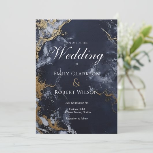 Elegante Marinehochzeit und Gold Watercolor Trendy Einladung (Stehend Vorderseite)