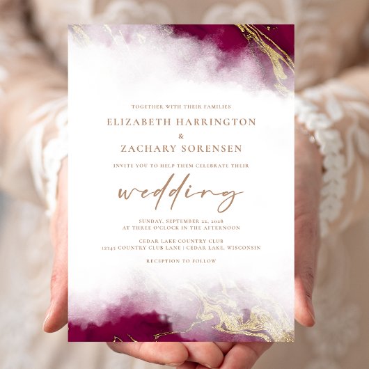 Elegante Marmor Burgundy Red Gold Wedding Einladung