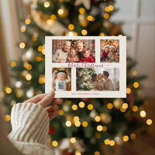 Elegante Marmor-Weihnachtskarte mit 4 Fotos Feiertagspostkarte