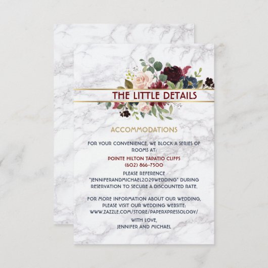 Elegante Marmorbäume Burgundy Navy Gold Floral Bou Begleitkarte (Vorne/Hinten)