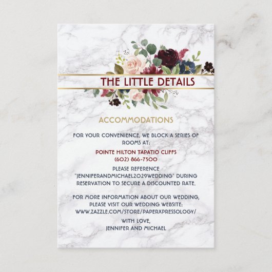 Elegante Marmorbäume Burgundy Navy Gold Floral Bou Begleitkarte (Vorderseite)