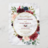 Elegante Marmorgolden Marsala Navy Blauer Blumenst Einladung (Vorne/Hinten)