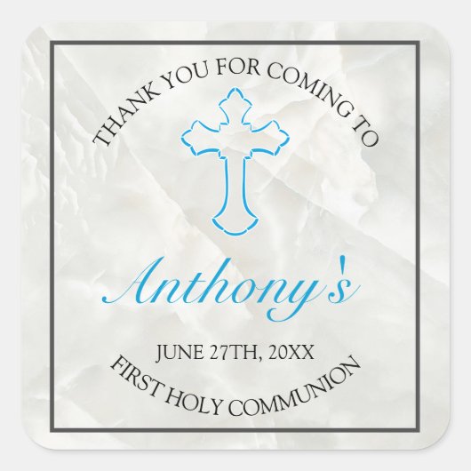 Elegante Marmorjungen Erste Heilige Kommunion Dank Quadratischer Aufkleber (Vorderseite)