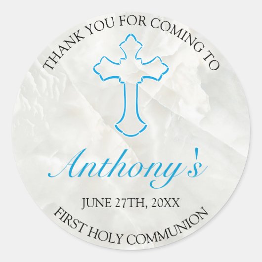 Elegante Marmorjungen Erste Heilige Kommunion Dank Runder Aufkleber (Vorderseite)