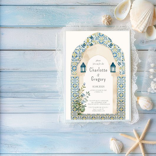 Elegante marokkanische Hochzeit in Blau und Gelb Einladung