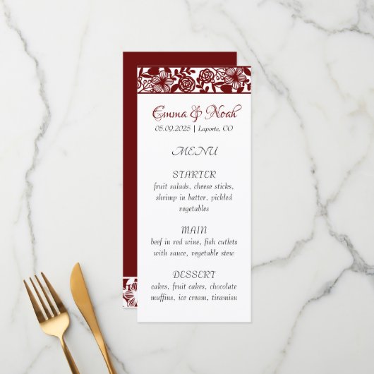 Elegante Maroon-Burgundy Wedding Dinner Menu Card Menükarte (Vorderseite/Rückseite Beispiel)
