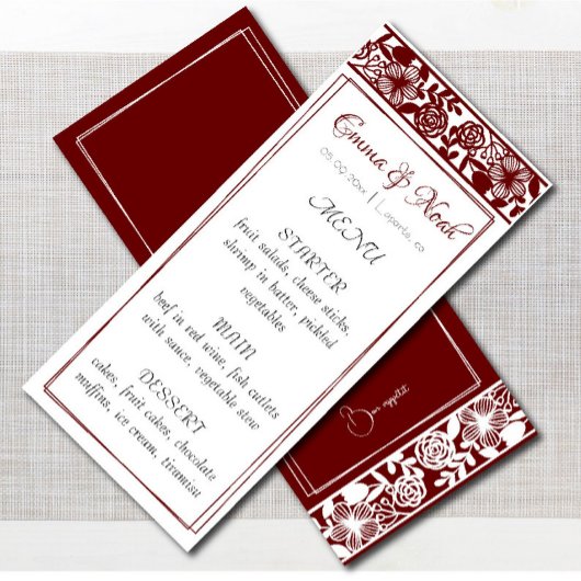 Elegante Maroon-Burgundy Wedding Dinner Menu Card Menükarte