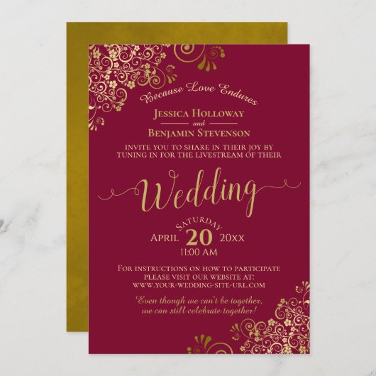 Elegante Maroon & Gold Virtual Wedding Livestream Einladung (Vorne/Hinten)
