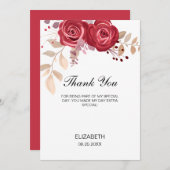 Elegante maroonfarbene Rosen-Blumen-Grün-Geburtsta Dankeskarte (Vorne/Hinten)