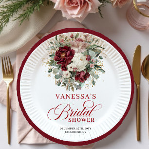 Elegante Marsala Floral Gold Brautparty Papier-Tel Pappteller