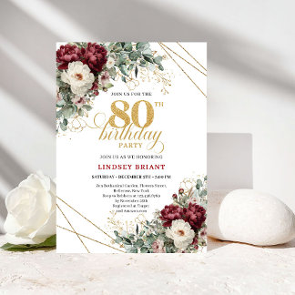 Elegante Marsala Floral Grün 80. Geburtstag Einladung