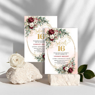 Elegante Marsala-Pfingstrosen Gold Sweet 16 Geburt Einladung
