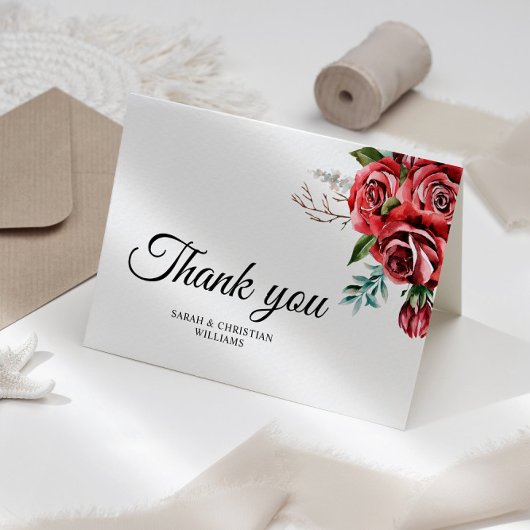 Elegante Marsala Rote Rose Rustikale Hochzeit Dankeskarte