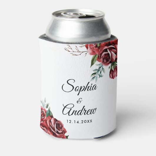 Elegante Marsala Rote Rose Rustikale Hochzeit Dosenkühler (Kanne Rückseite)