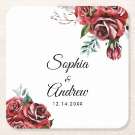 Elegante Marsala Rote Rose Rustikale Hochzeit Rechteckiger Pappuntersetzer