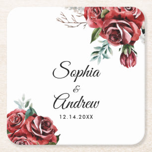 Elegante Marsala-Rote Rosen Rustikale Hochzeit Rechteckiger Pappuntersetzer
