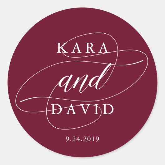 Elegante Marsala- und Weißkalligraphie-Hochzeit Runder Aufkleber (Vorderseite)