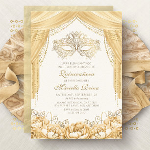 Elegante Masken-Maskerade Gold Quinceanera Einladung