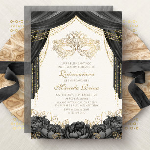 Elegante Masken-Maskerade Schwarze Quinceanera Einladung