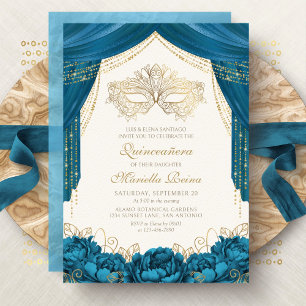 Elegante Masken-Masquerade-Teal-Quinceanera Einladung