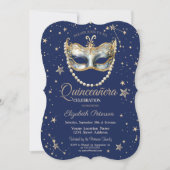 Elegante Masque Stars Navy Blue Quinceanera Einladung (Vorderseite)