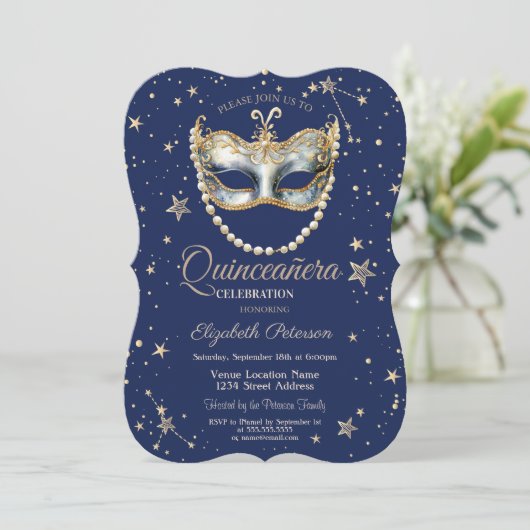 Elegante Masque Stars Navy Blue Quinceanera Einladung (Stehend Vorderseite)