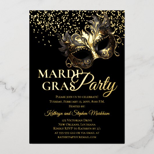 Elegante Masquerade Mask Mardi Gras Party Folieneinladung (Vorderseite)