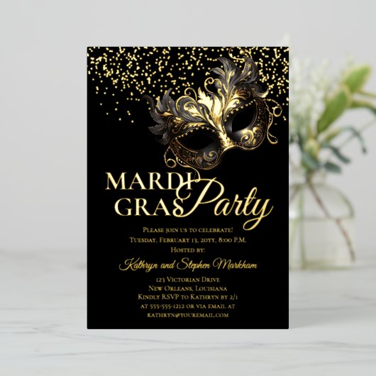 Elegante Masquerade Mask Mardi Gras Party Folieneinladung (Stehend vorne)
