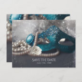 Elegante Masquerade Masken & Perlen Save the Date Ankündigungspostkarte (Vorne/Hinten)