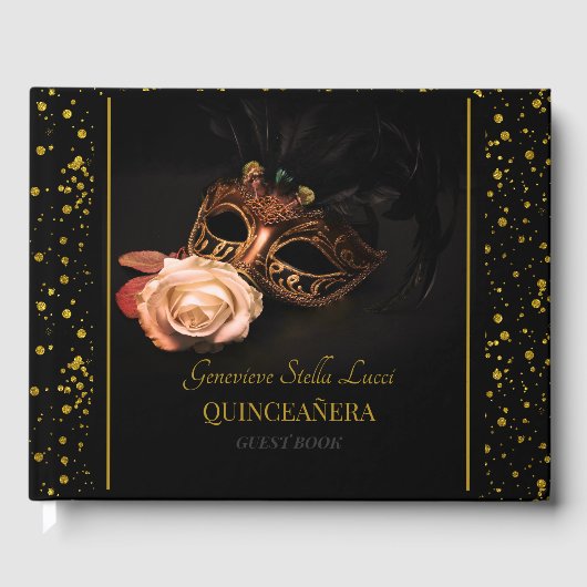 Elegante Masquerade und Weiße Rose Gästebuch (Vorderseite)