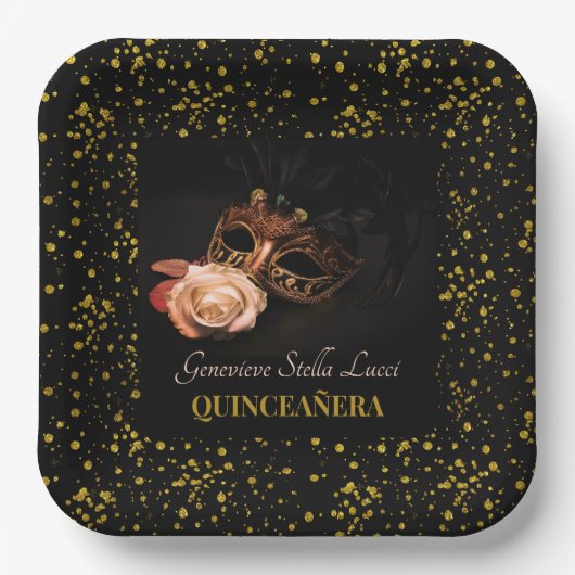 Elegante Masquerade und Weiße Rose Pappteller (Vorderseite)