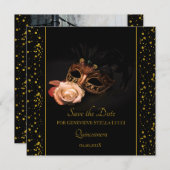 Elegante Masquerade und Weiße Rose Save The Date (Vorne/Hinten)