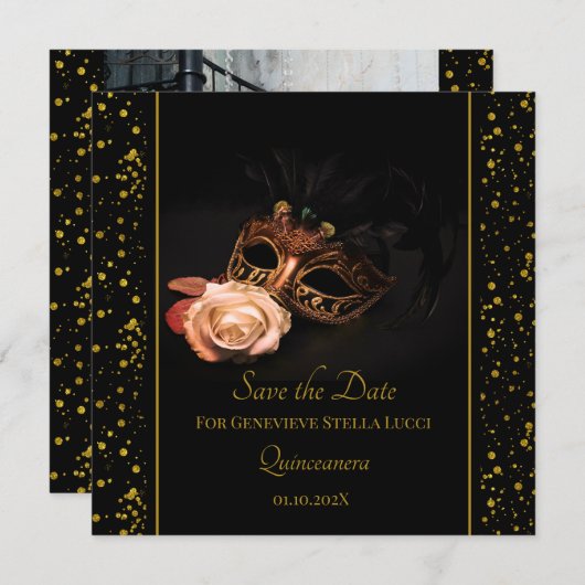 Elegante Masquerade und Weiße Rose Save The Date (Vorne/Hinten)