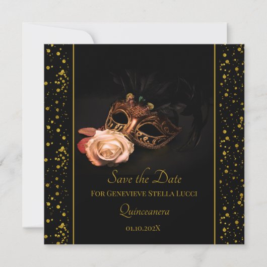 Elegante Masquerade und Weiße Rose Save The Date (Vorderseite)