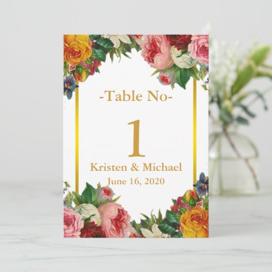 Elegante maßgeschneiderte Floral Gold Hochzeit-Tis Einladung (Stehend Vorderseite)